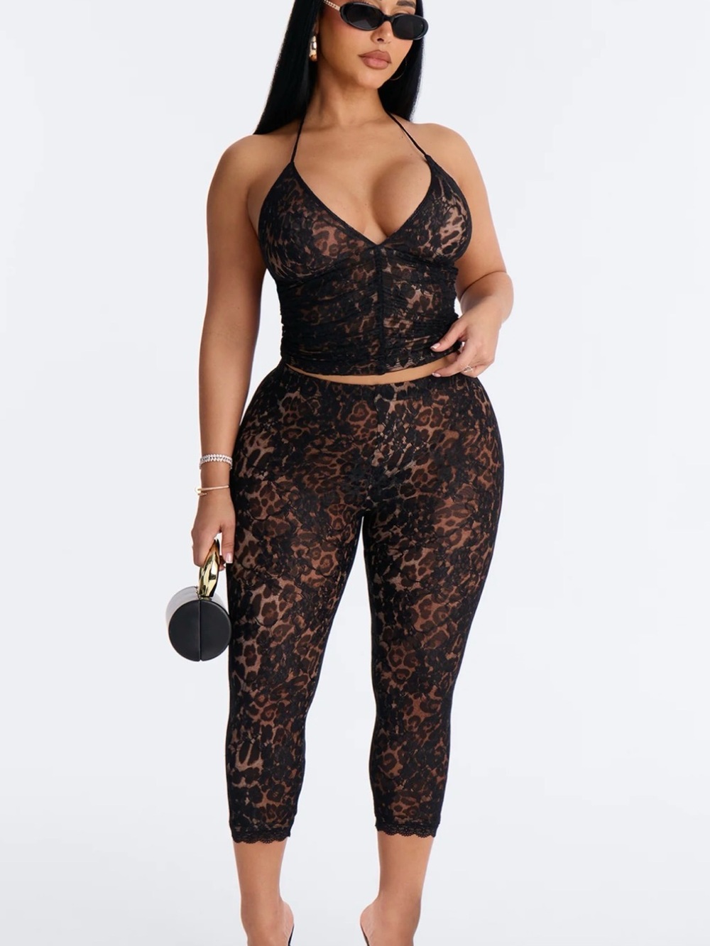 Fashion Nova Sheer Lace Leopard Halter Crop Top & Capri Set - Black/Brown